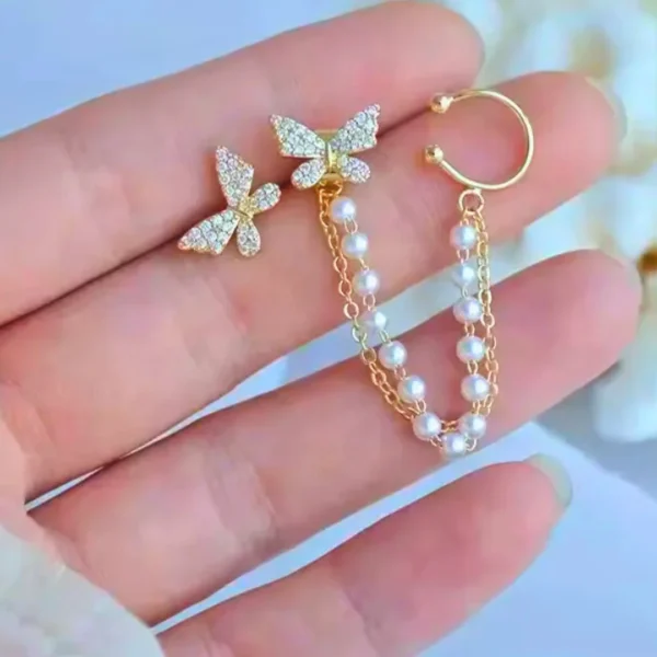 Korean-Style Pearl Tassel Butterfly Earrings